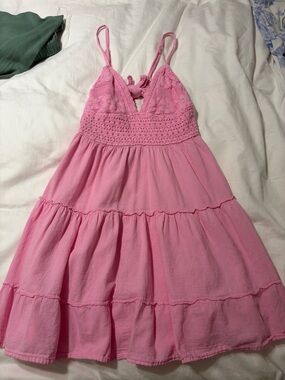 Girls' Pink Crochet Bodice Tiered Summer Dress
